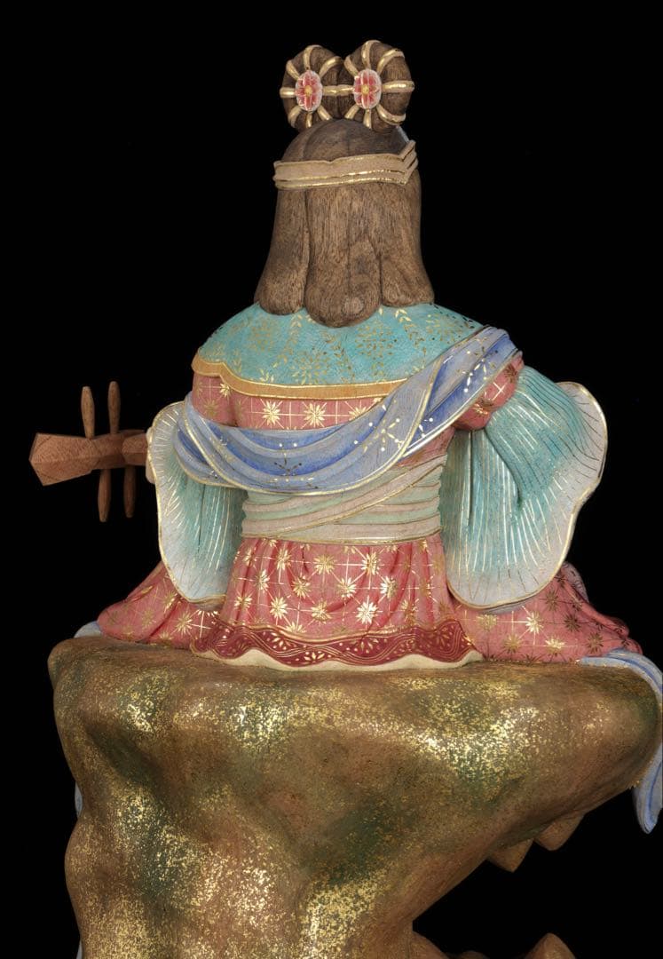 現代大仏師 向吉悠睦 秀逸作 木彫彩色像 琵琶を奏でる天女 ガラスケース 共箱付