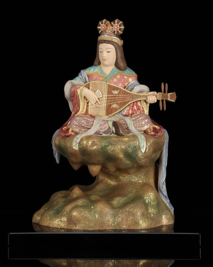 現代大仏師 向吉悠睦 秀逸作 木彫彩色像 琵琶を奏でる天女 ガラスケース 共箱付