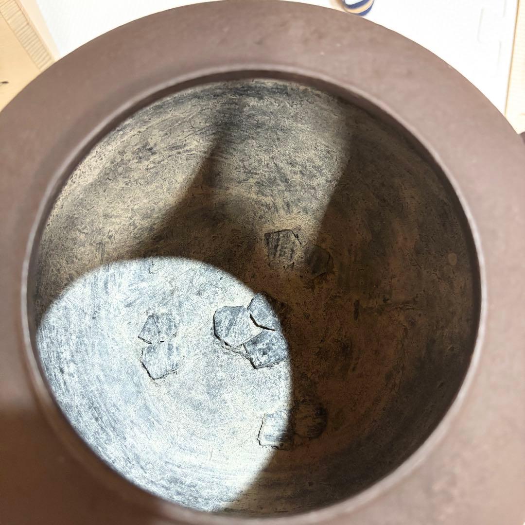 【美品】高岡鋳師 金森紹栄作 南鐐摘み平丸霰釜添 唐銅鬼面風炉 茶釜