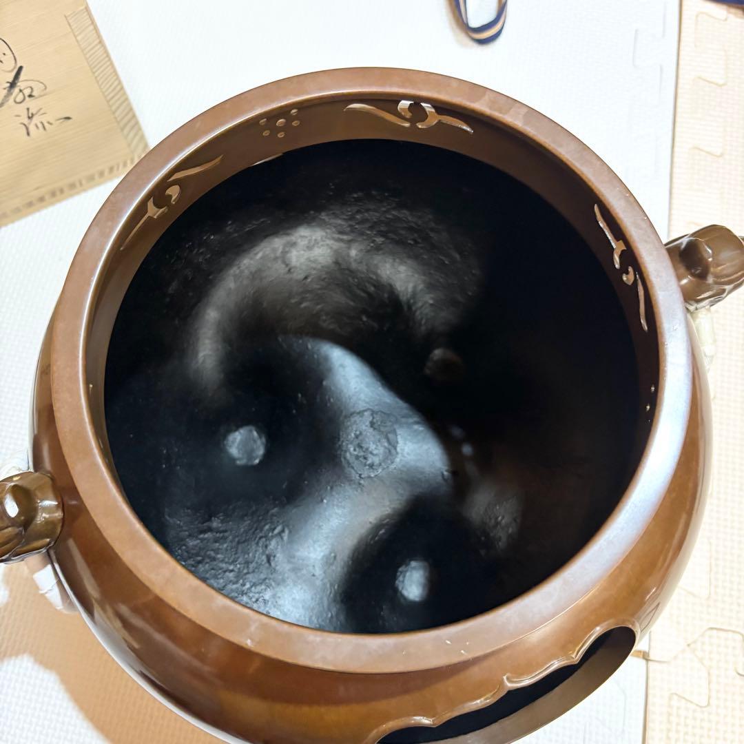 【美品】高岡鋳師 金森紹栄作 南鐐摘み平丸霰釜添 唐銅鬼面風炉 茶釜