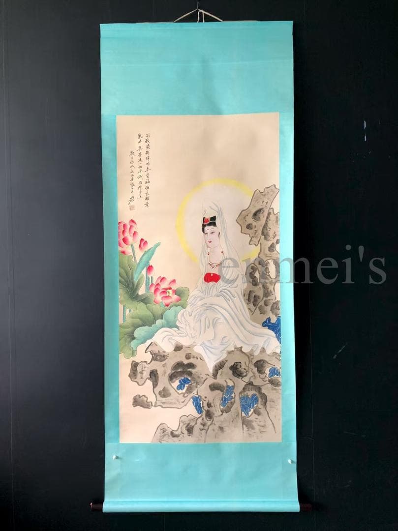 中国古美術・純手描き四尺人物観音菩薩掛軸・蓮の花・国画・張大千印款・珍品画・肉筆