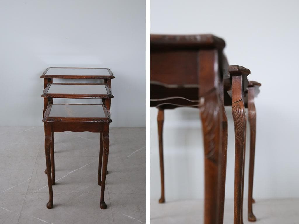 英国アンティーク猫脚ネストテーブル3台/木製机/サイドテーブル(88-11)