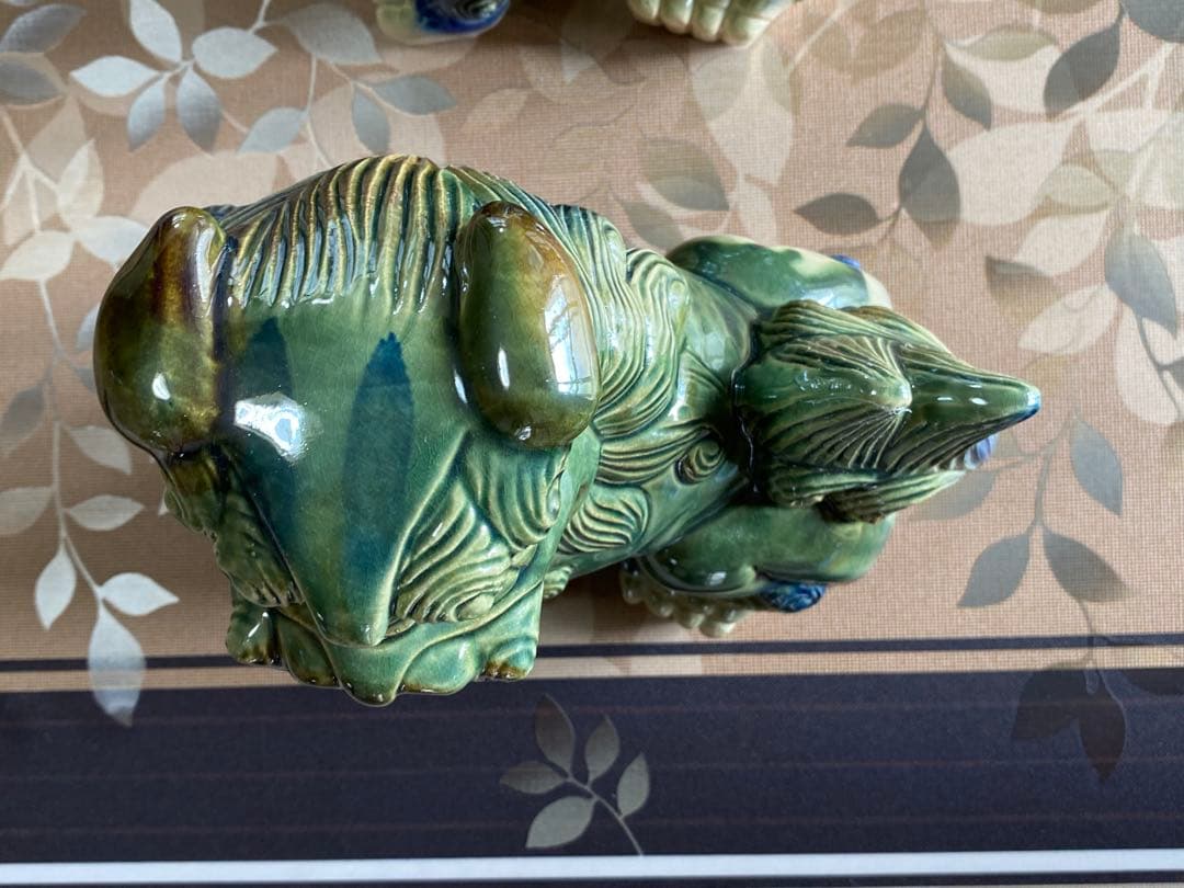 【希少】陶器製 碧青シーサー2体（1体タテ22cmヨコ22cm奥行14cm）