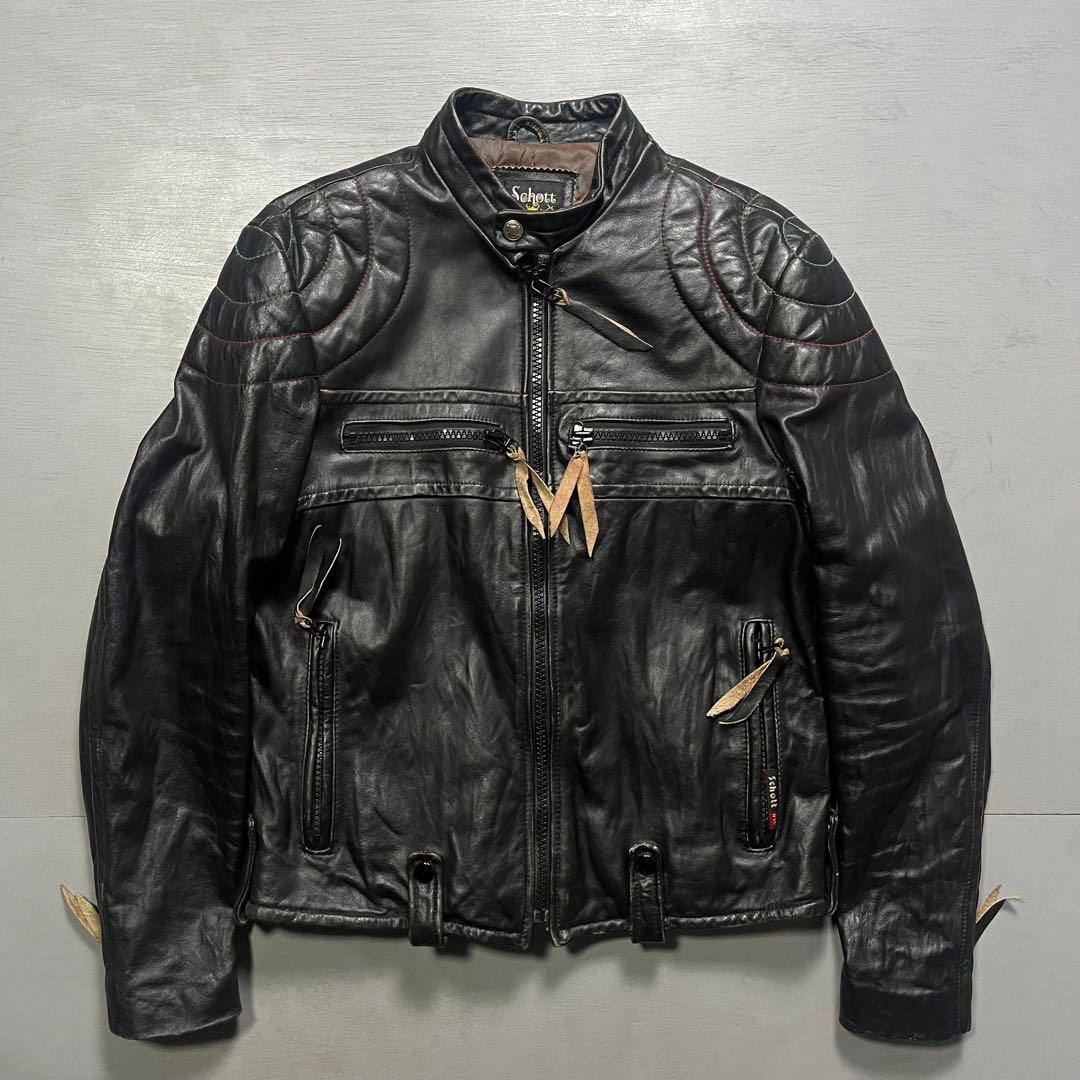 Schott シングルライダースジャケット　牛革　オールレザー　ステッチ　黒　S