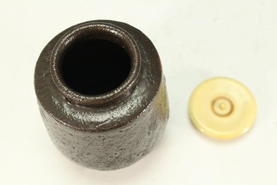 茶道具 唐物 黒釉 茶入 時代裂 仕服 良蓋(K-A208)