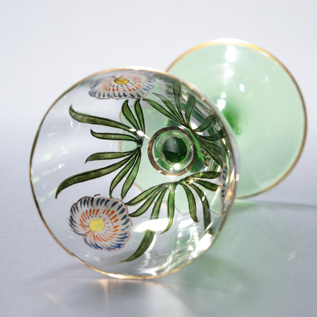 【美品】アンティークグラス　エナメル彩　花　ステム緑　R1338ダI