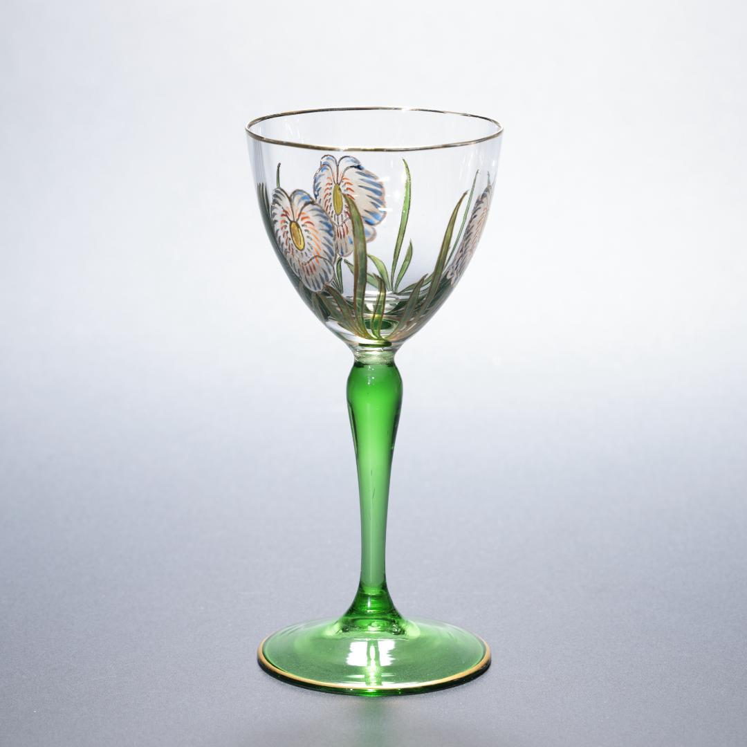 【美品】アンティークグラス　エナメル彩　花　ステム緑　R1338ダI