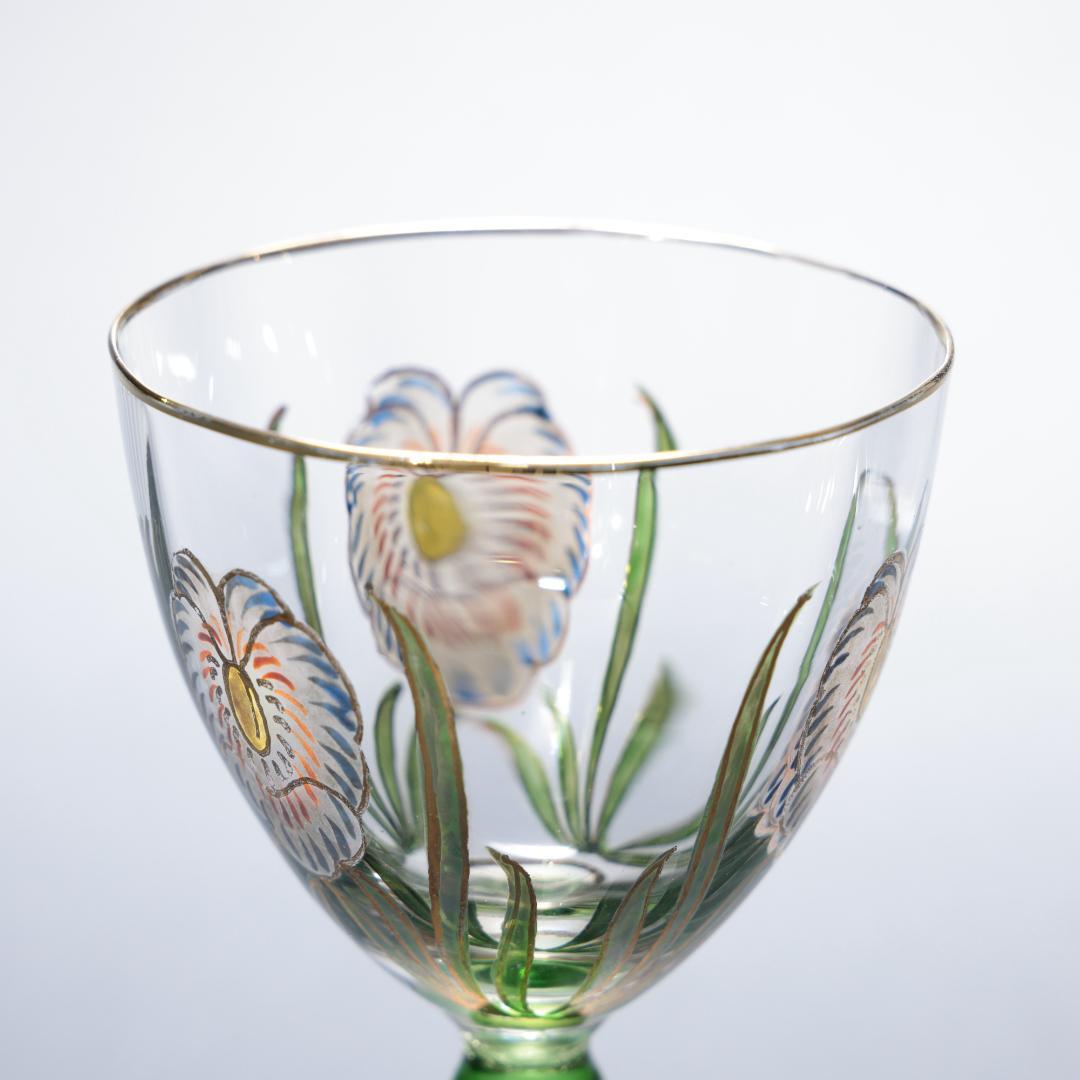 【美品】アンティークグラス　エナメル彩　花　ステム緑　R1338ダI