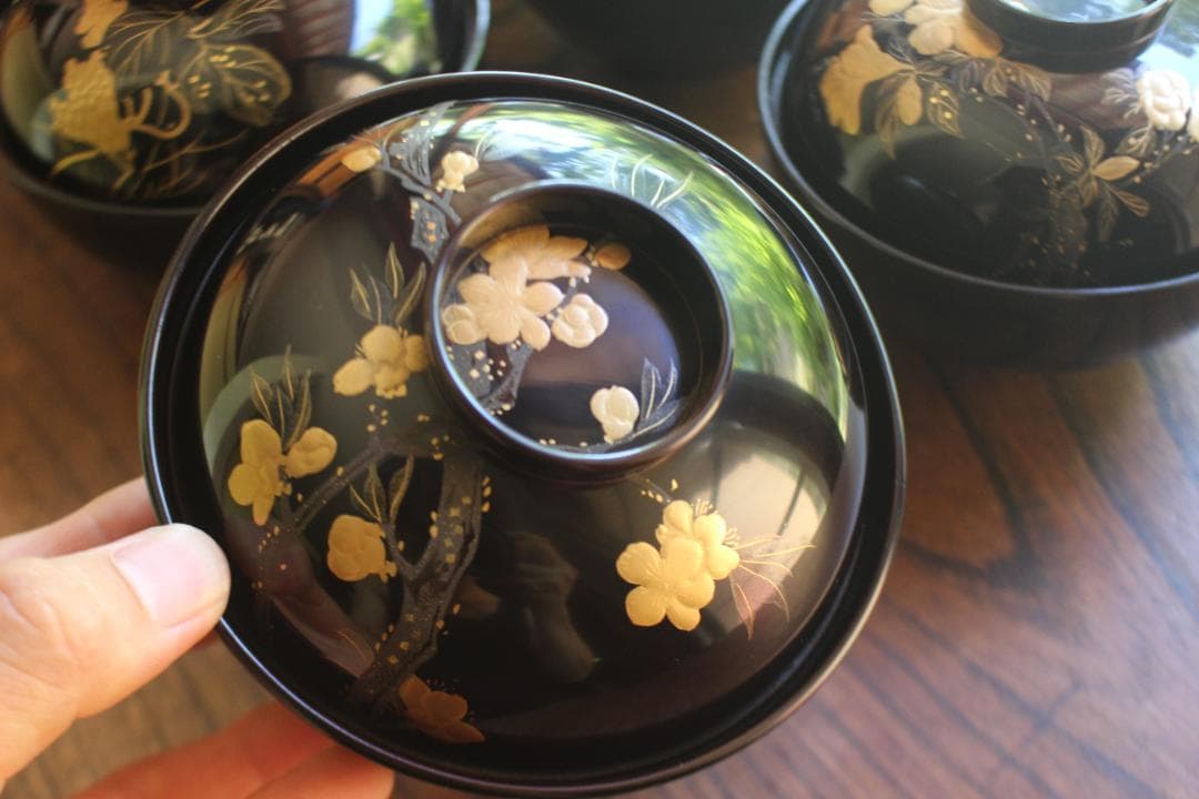 ばら売り可！上質黒漆に極上絵替草花蒔絵のお椀6点（検輪島塗蒔絵椀懐石椀