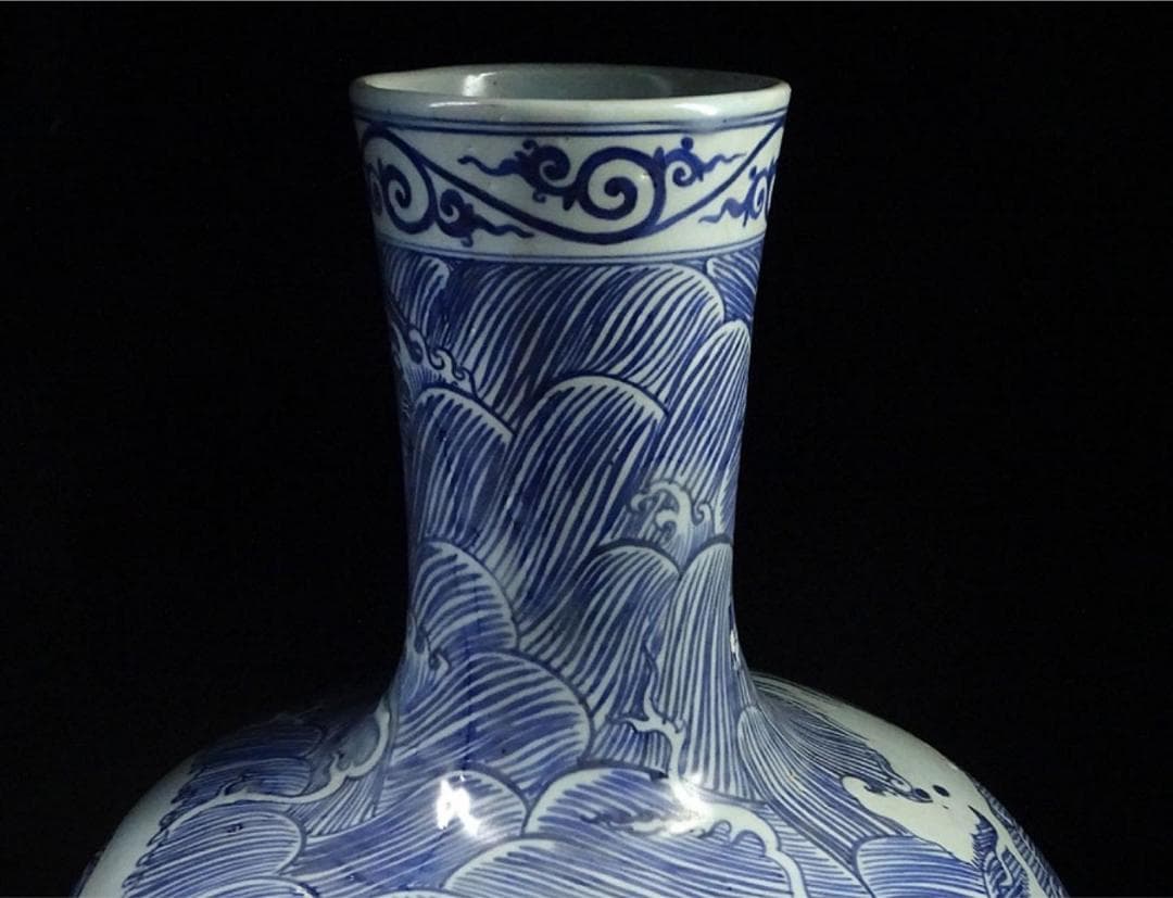 中国古玩 染付 龍濤文 天球瓶 高約42.5cm 唐物 t97383