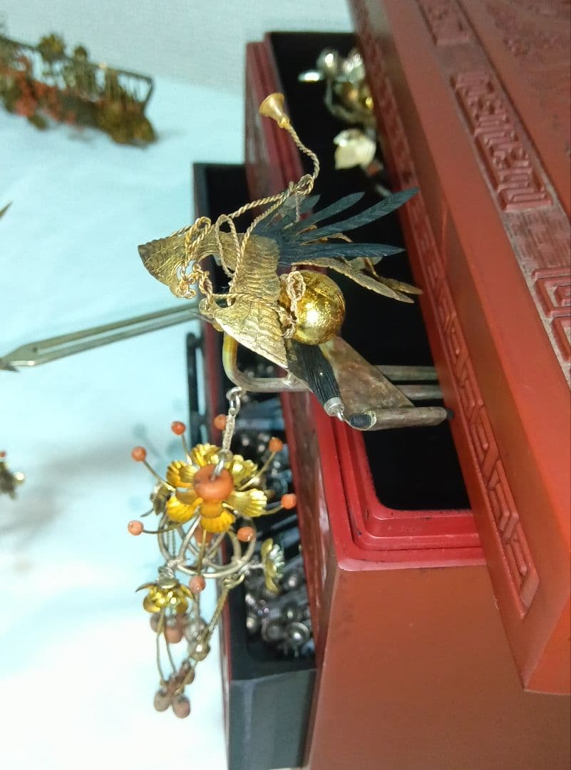 アンティーク　銀びら　かんざし　色々とかんざし入れ　日本髪　珊瑚