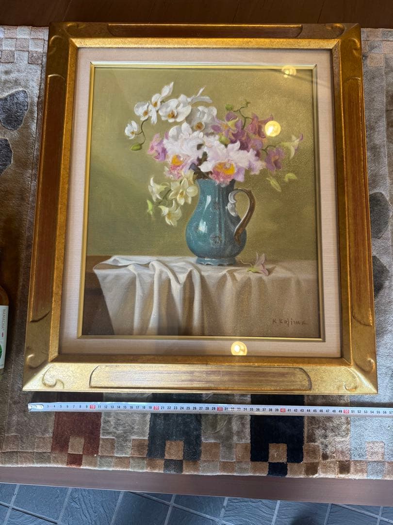 蘭　K. Kojima 油彩画 花瓶の花 金色フレーム　小島　光