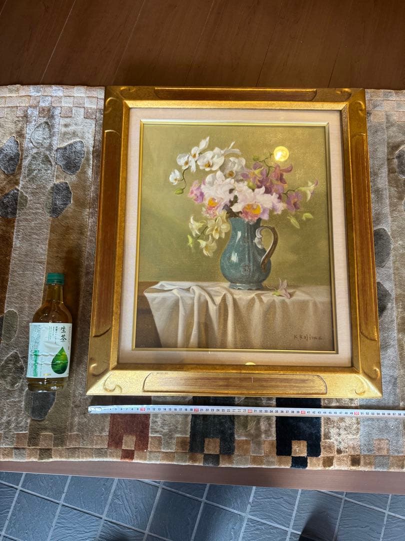 蘭　K. Kojima 油彩画 花瓶の花 金色フレーム　小島　光