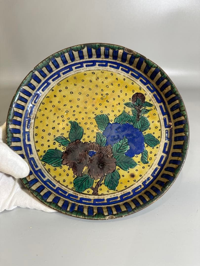 古九谷 花紋 皿 幅19cm 時代