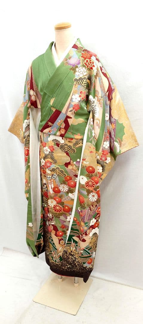 FN11979y 早い者勝ち！着物 振袖 正絹 花柄 御所車 155〜165cm