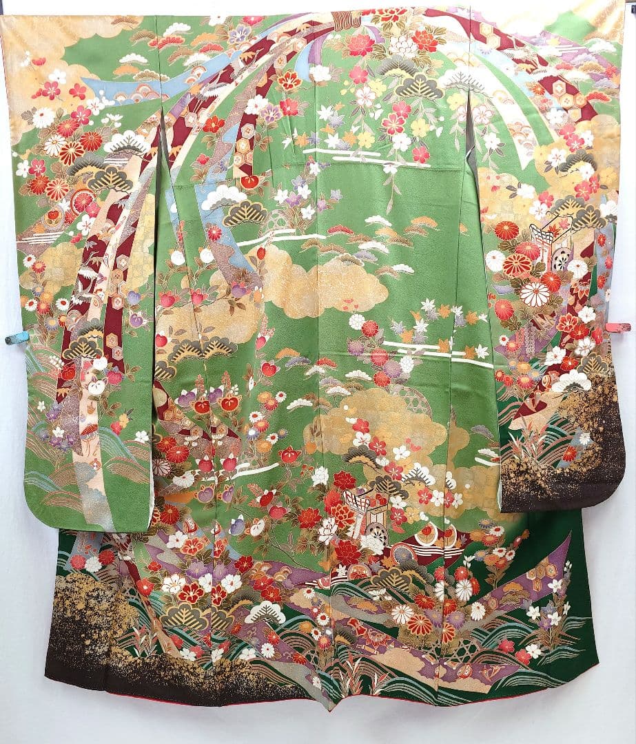 FN11979y 早い者勝ち！着物 振袖 正絹 花柄 御所車 155〜165cm