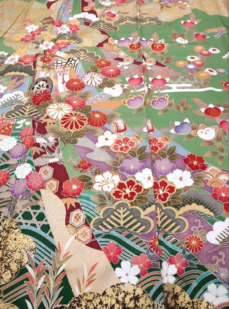FN11979y 早い者勝ち！着物 振袖 正絹 花柄 御所車 155〜165cm