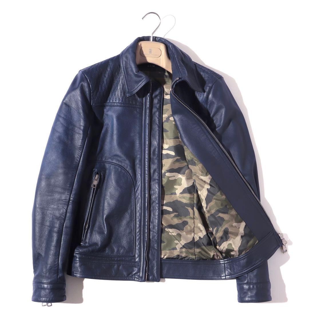 AKM エイケイエム 美レザー ジャケット ライダース 牛革 ネイビー S!!