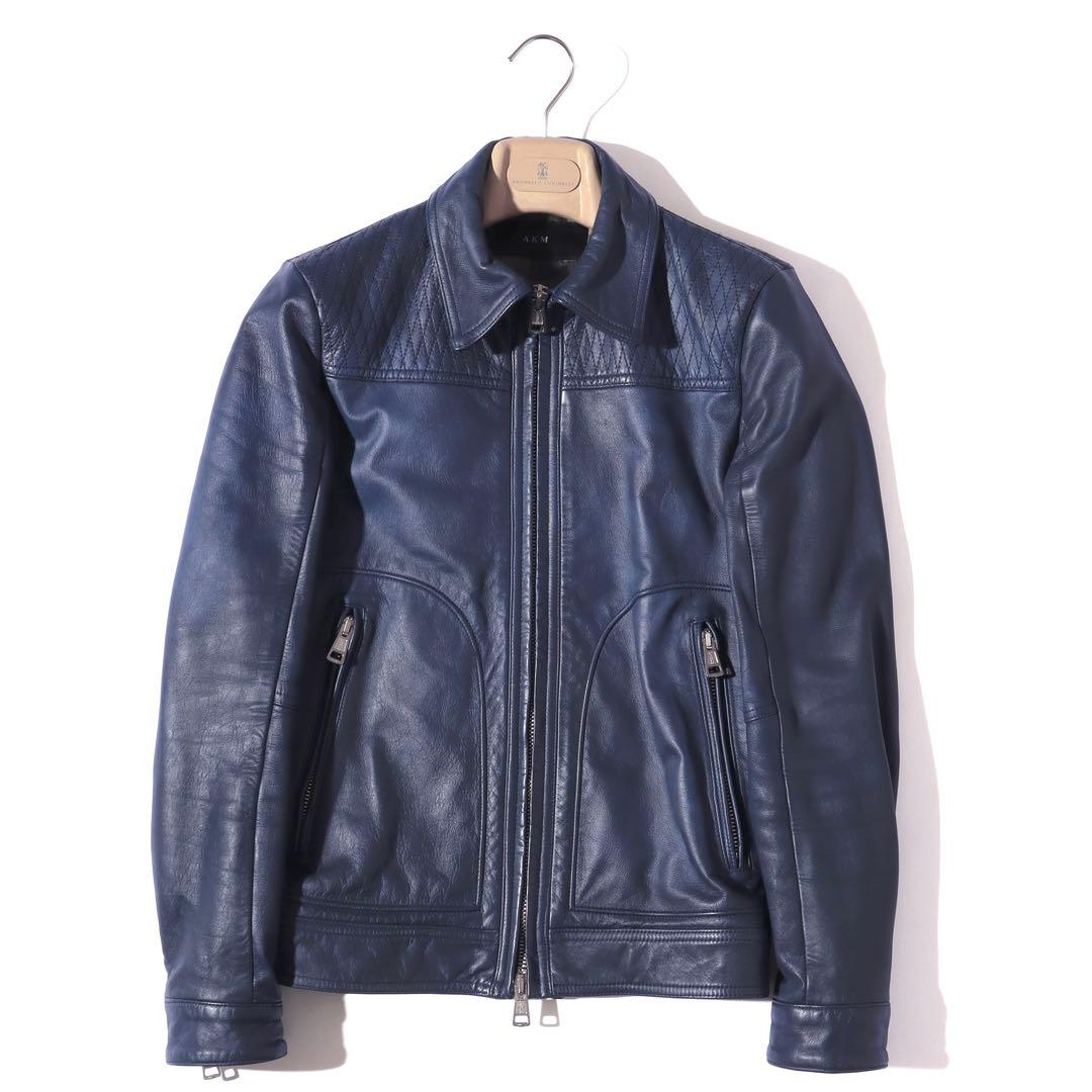 AKM エイケイエム 美レザー ジャケット ライダース 牛革 ネイビー S!!