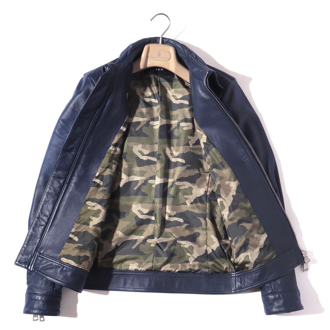 AKM エイケイエム 美レザー ジャケット ライダース 牛革 ネイビー S!!