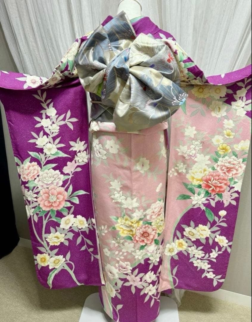 美品　正絹　振袖　単品販売　パープル　ピンク　157〜167cm