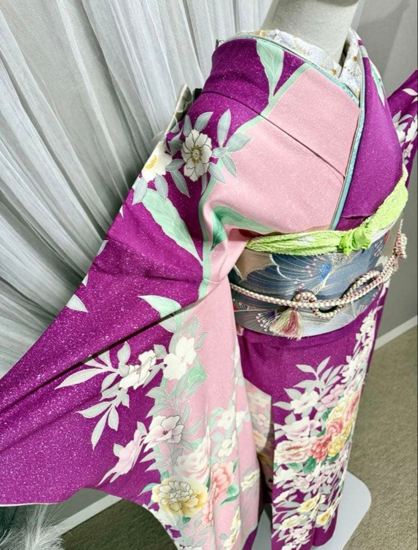 美品　正絹　振袖　単品販売　パープル　ピンク　157〜167cm