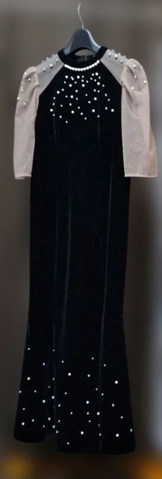 Leja シアースリーブパールビジューベロアマーメイドドレス　M