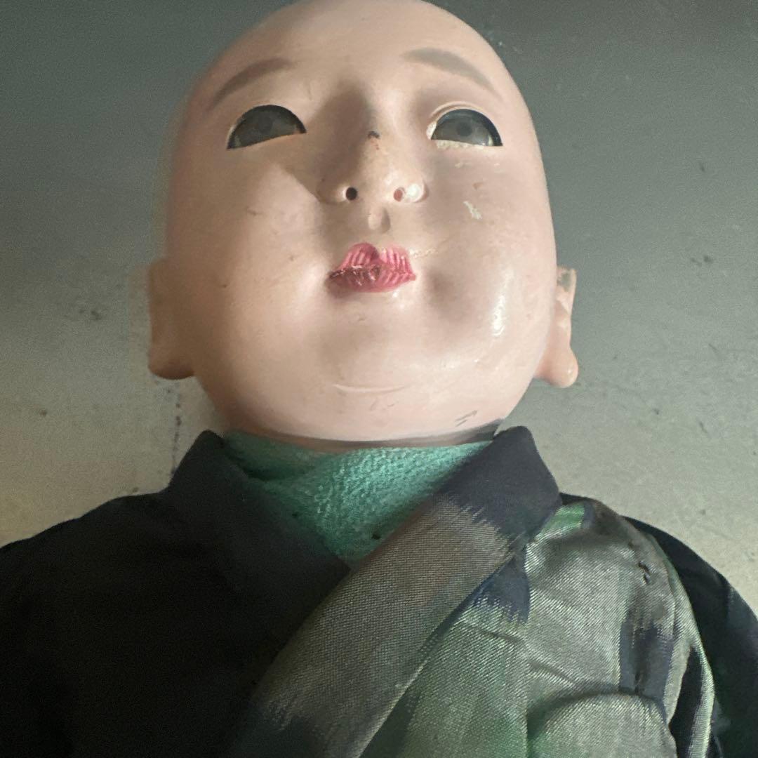 ヴィンテージ　市松人形 男の子　黒と緑の模様