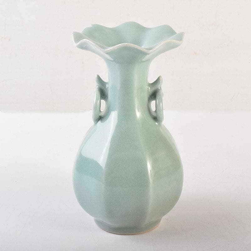 中国　龍泉窯　粉青釉　桔梗口双耳瓶　花入　C　6943