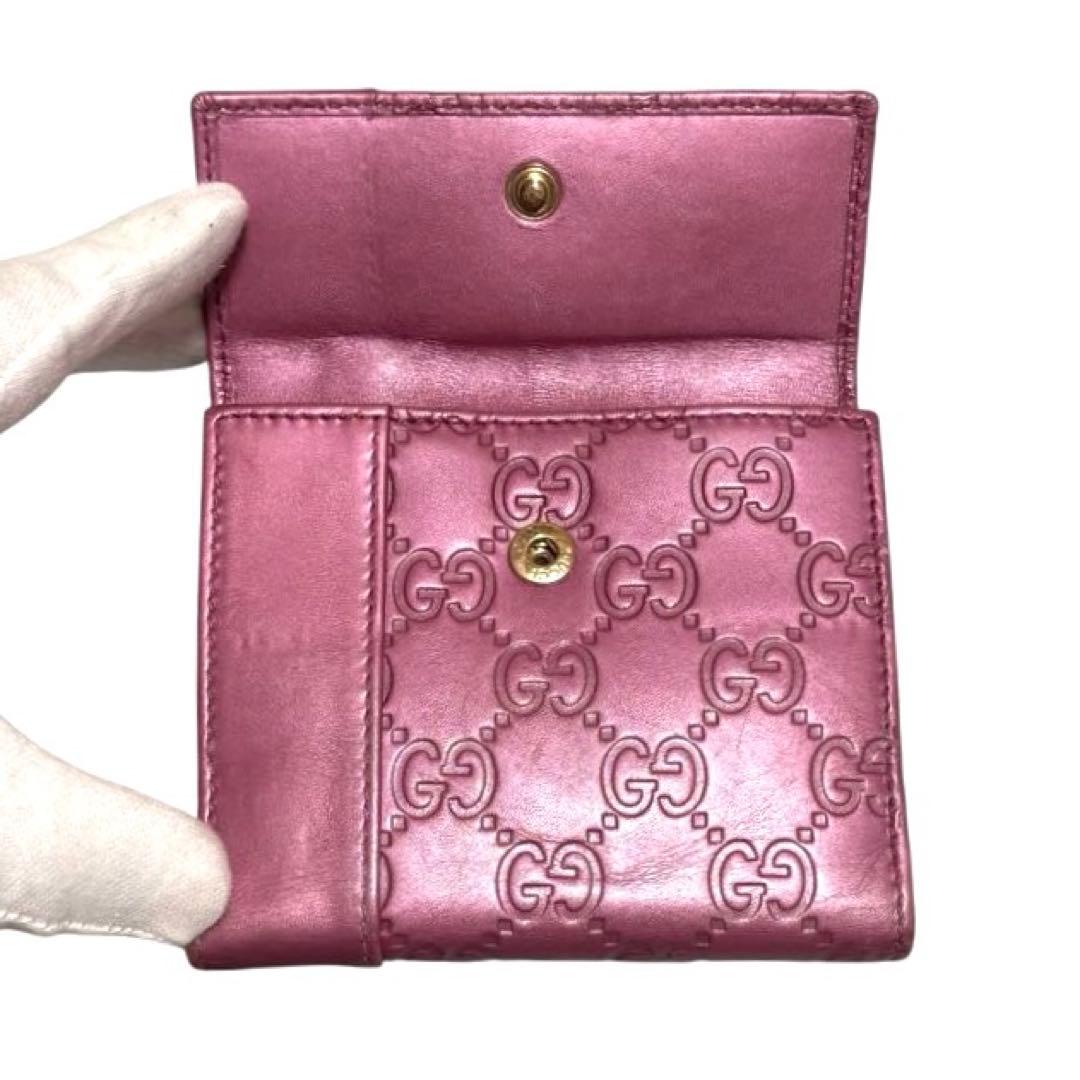 グッチ　折り財布　GGシマ　レザー　メタルピンク　チャーム　ハート　Wホック