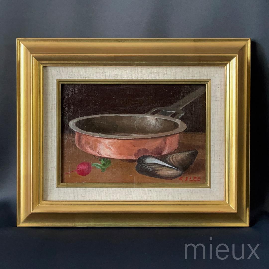 李景朝「フライパン」油彩 油絵 額付 サイン入り 中古 美品