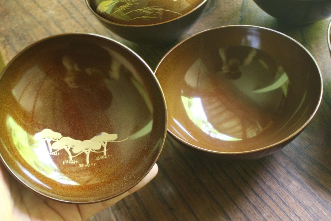 時代逸品！時代総梨地に優美な山水楼閣蒔絵の映えるお椀5点（検輪島塗蒔絵椀懐石椀