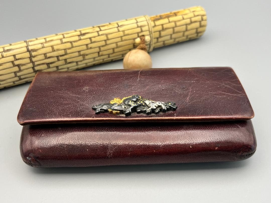 江戸明治時代　生肖図　金銀象嵌　極上骨製手彫キセル入れ　大玉根〆　銀製キセル