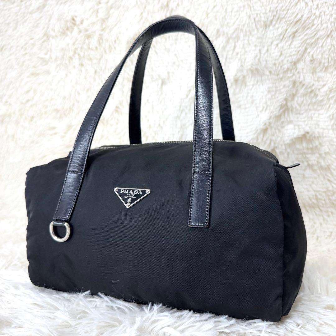 プラダ ミニボストン ハンドバッグ 三角ロゴ y2k レザー ナイロン 黒