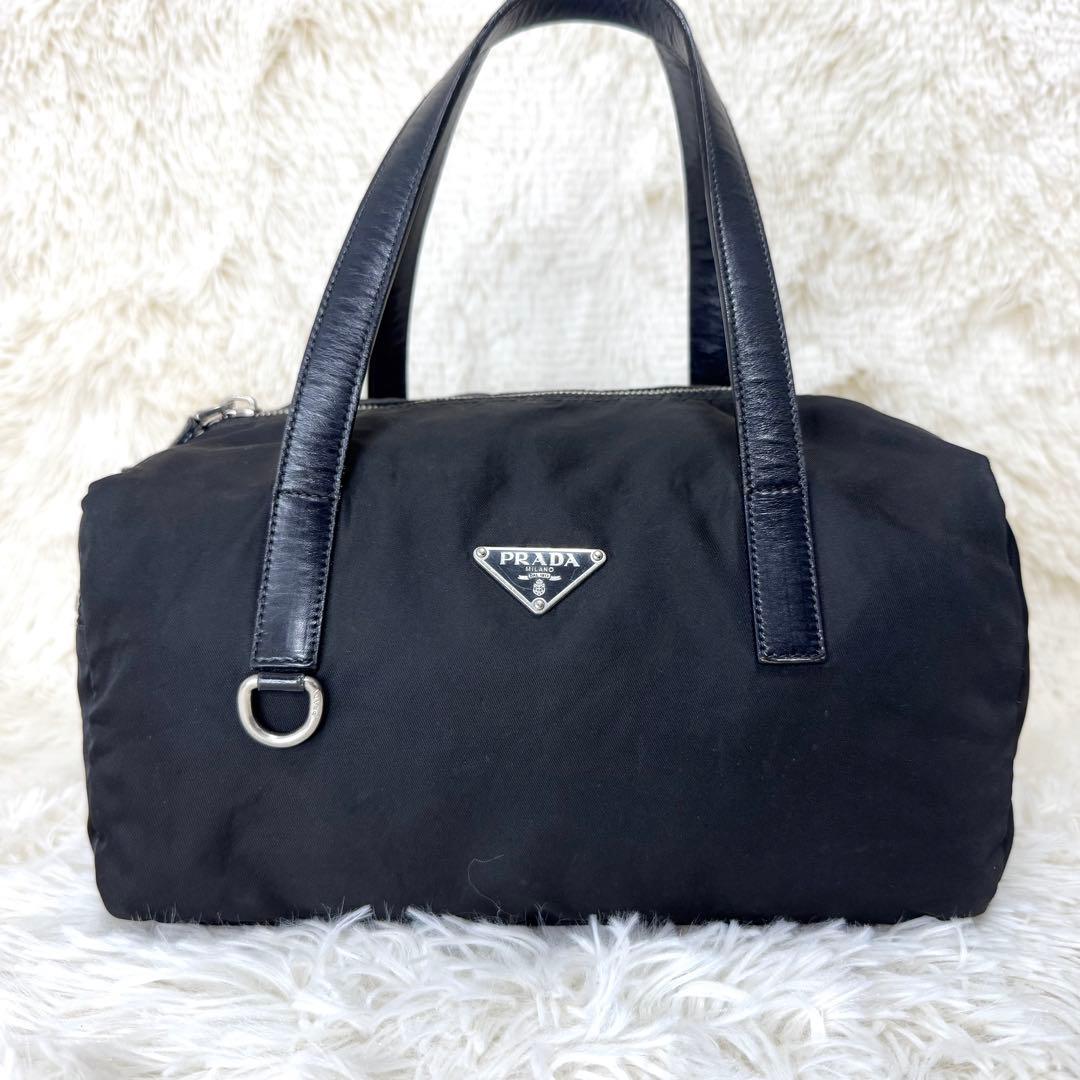 プラダ ミニボストン ハンドバッグ 三角ロゴ y2k レザー ナイロン 黒