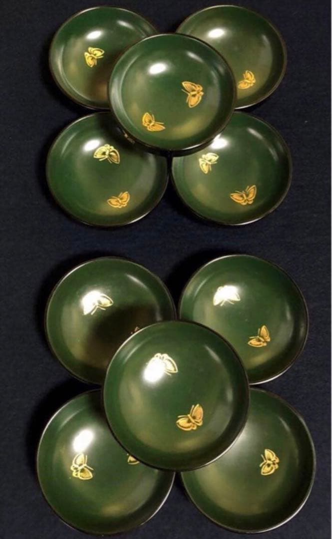 《レ》輪島塗 青漆牡丹彫 蝶 平皿 大小10客 木箱 251113え1