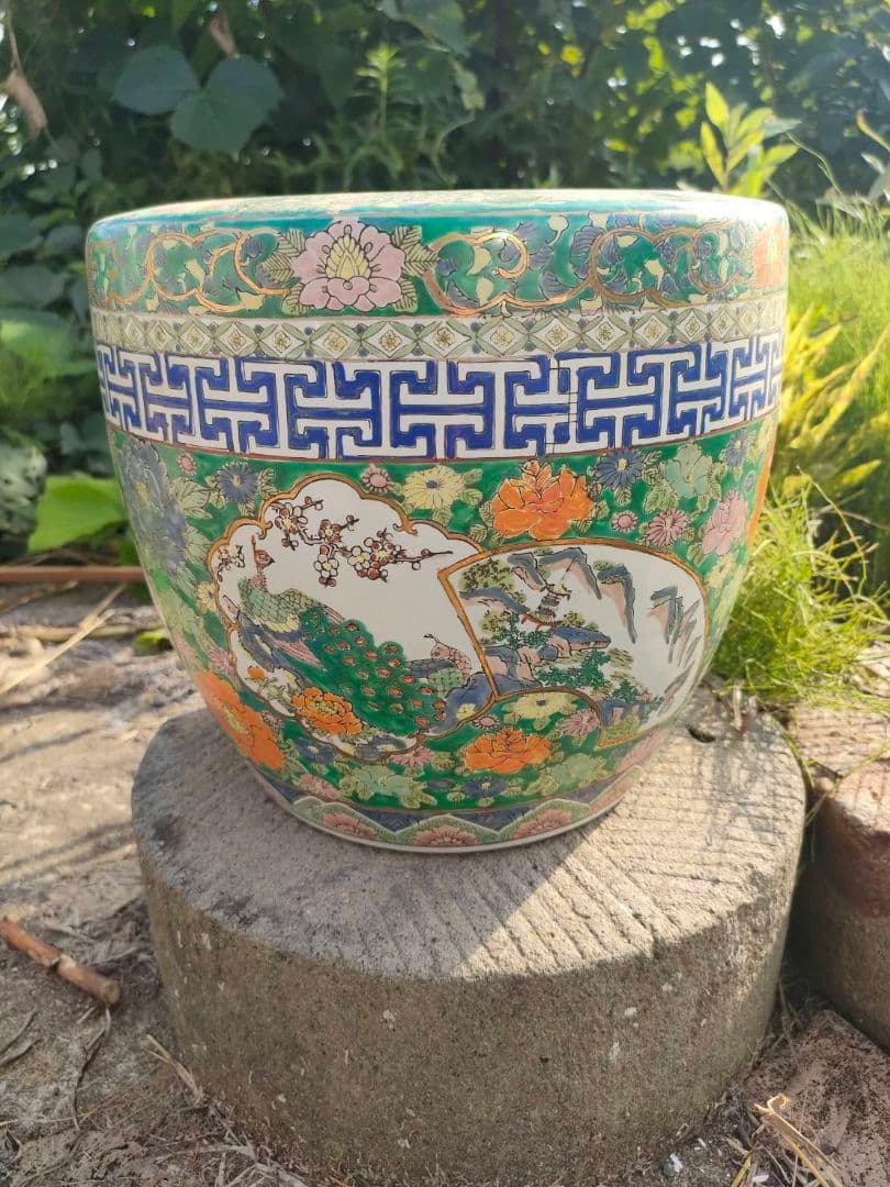 ★色絵 金襴手 火鉢　手焙 兎 孔雀 花鳥山水文 　古具