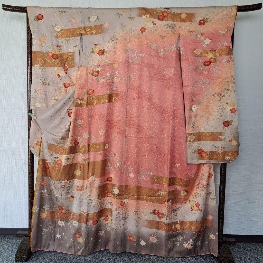 正絹振袖セット ピンク地の古典的な金彩模様と十二単風の重ね仕立 成人式に最適