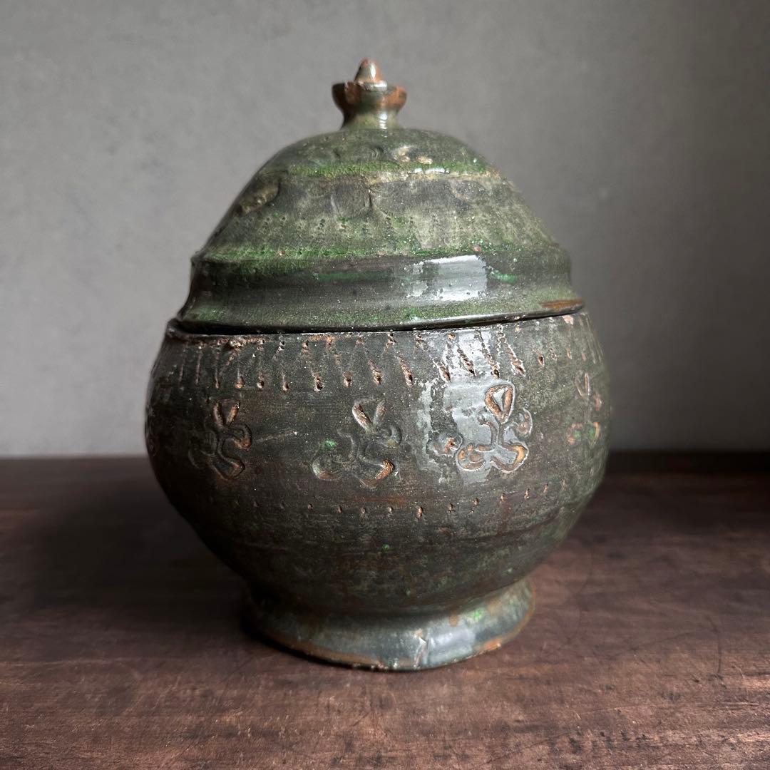 雰囲気良し　須恵器　緑釉　蓋物　古陶磁　中国美術　時代物