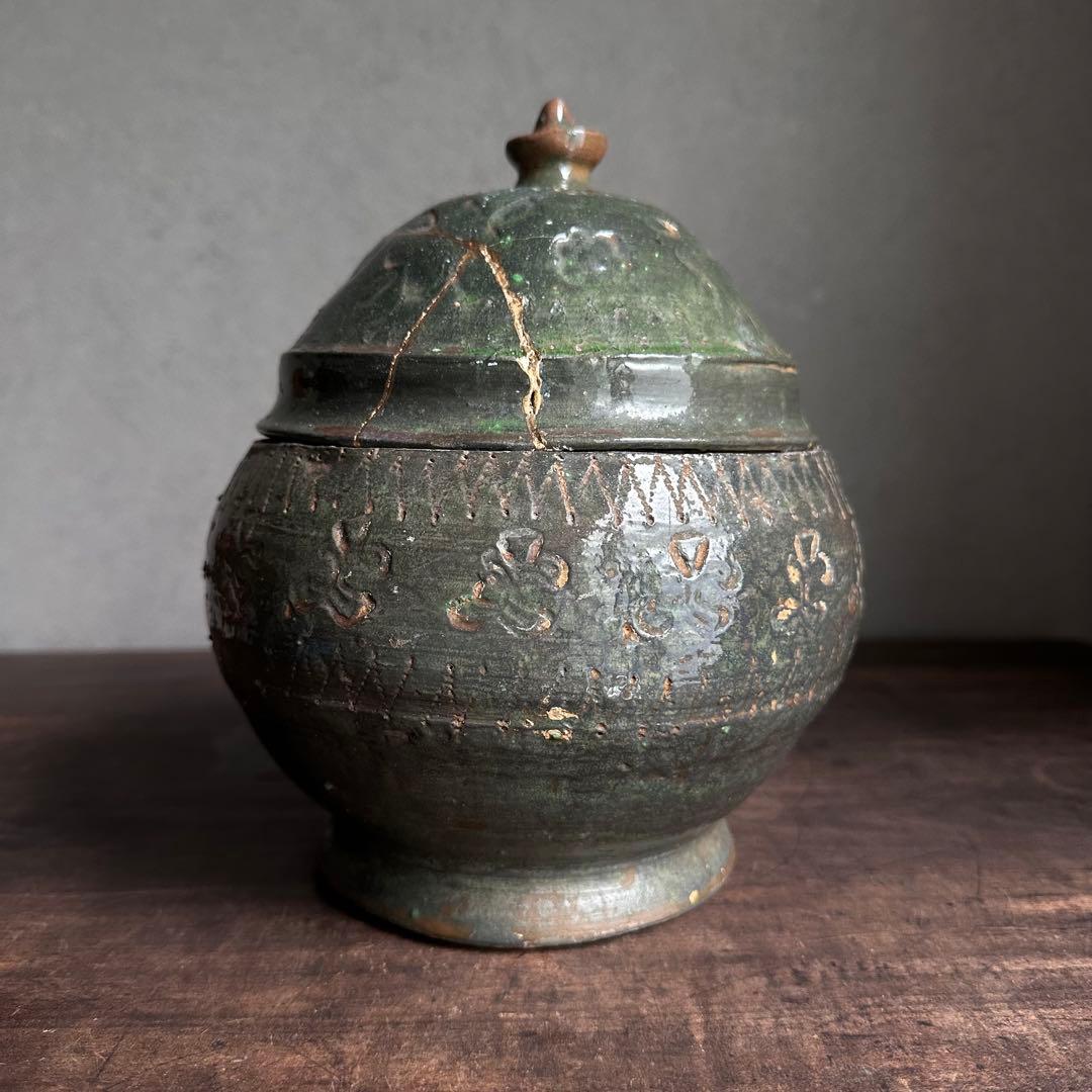雰囲気良し　須恵器　緑釉　蓋物　古陶磁　中国美術　時代物