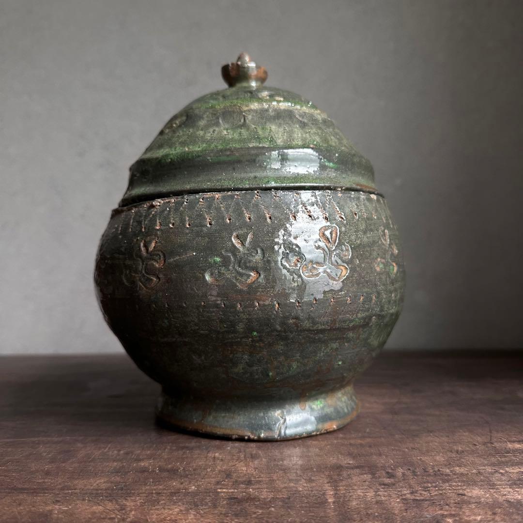 雰囲気良し　須恵器　緑釉　蓋物　古陶磁　中国美術　時代物