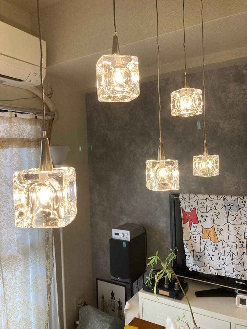 「希少旧型」キシマ　ガラスキューブ　5灯ペンダントライト