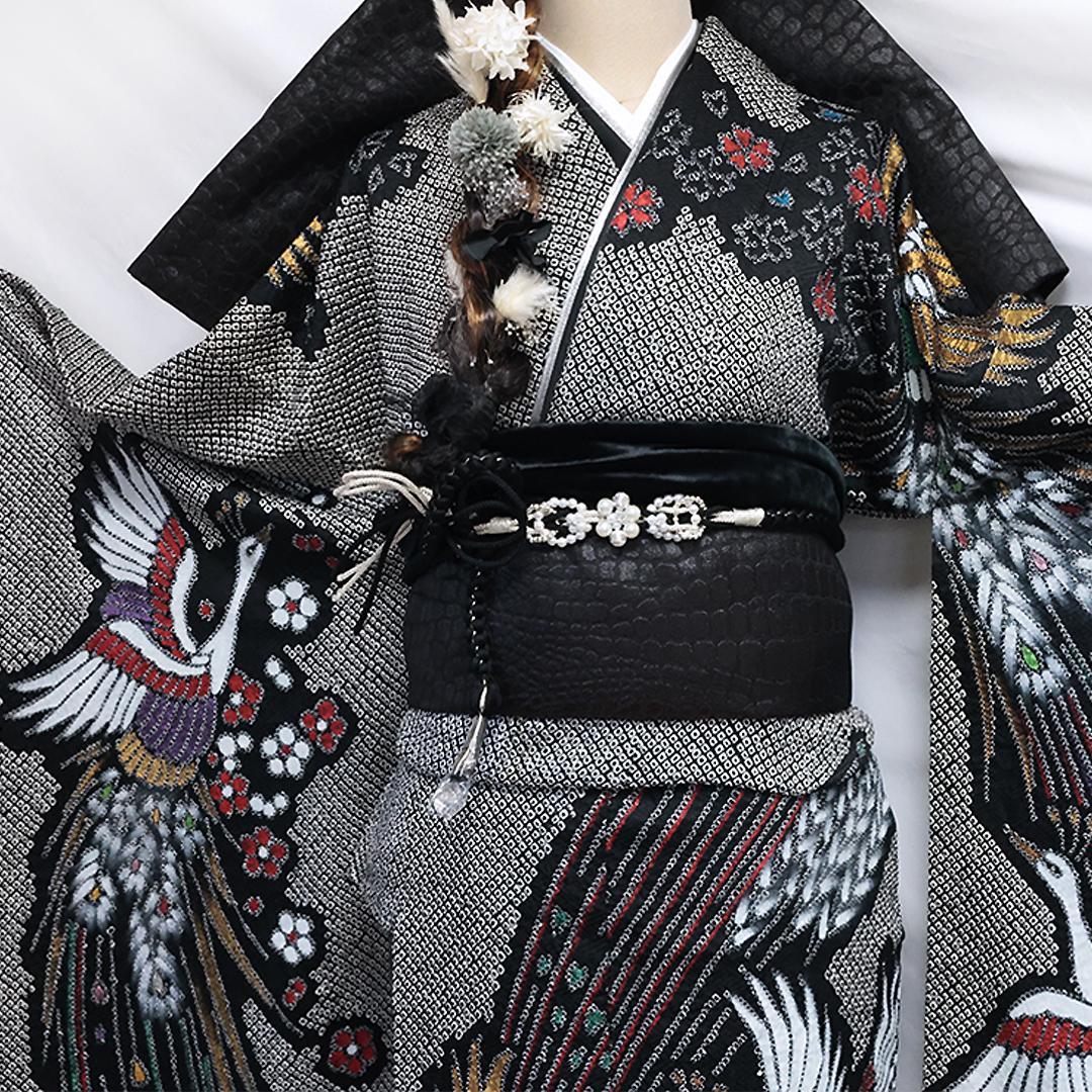 極美品！希少◆ 振袖6点セット ◆丈159cmフルセット総絞り黒ブラック53Bw