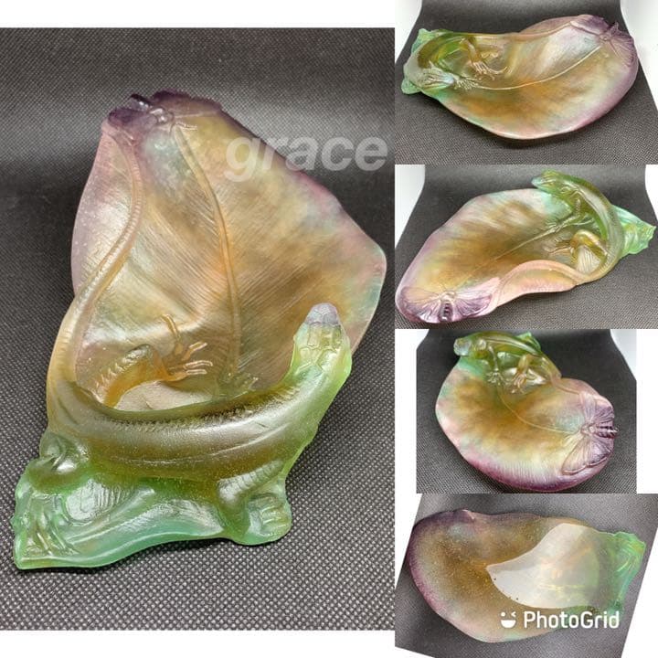 ドームフランス 水晶 クリスタル トカゲ　置物　開運　浄化　風水　緑　紫