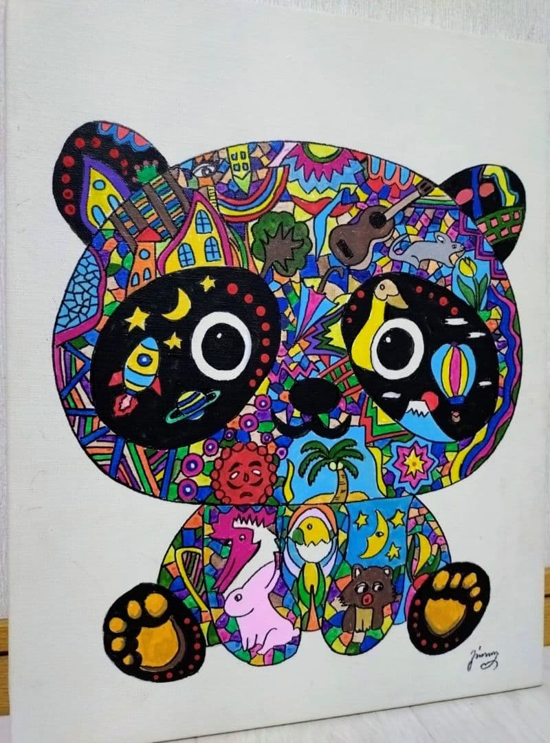 【F6号】ジミー大西【パンダ】手描き作品/表裏サイン/油彩/アクリル/絵画/額縁