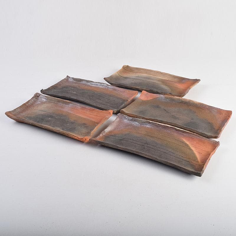 TA　和食器　楽山窯清水日呂志作　焼〆長皿　十客　共布共箱　MR9365B