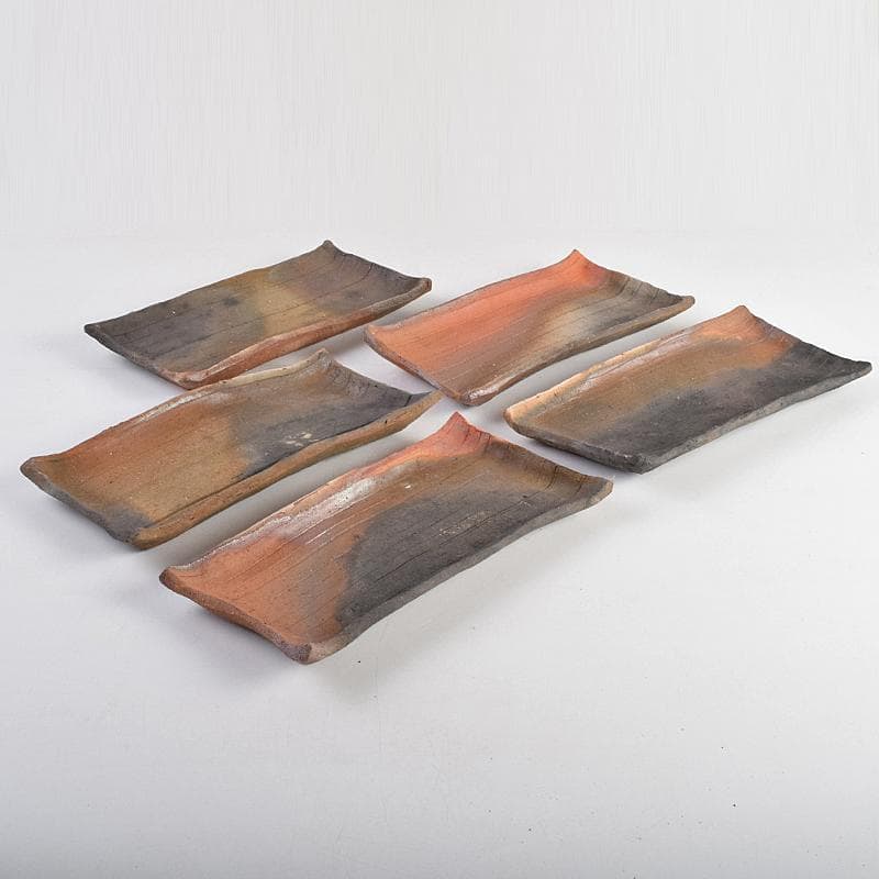 TA　和食器　楽山窯清水日呂志作　焼〆長皿　十客　共布共箱　MR9365B