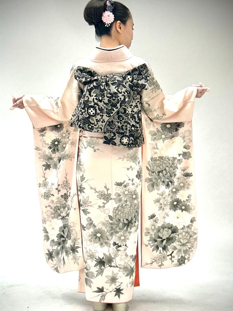 振袖フルセット　手書き草花紋　ベビーピンク