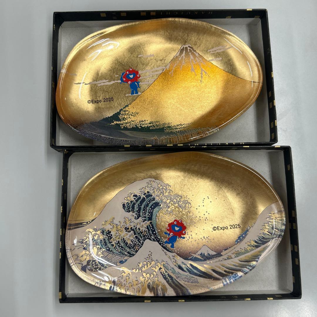 大阪万博 ガラストレー 箔一 ミャクミャク 金箔 箔名画 神奈川沖浪裏　富士山