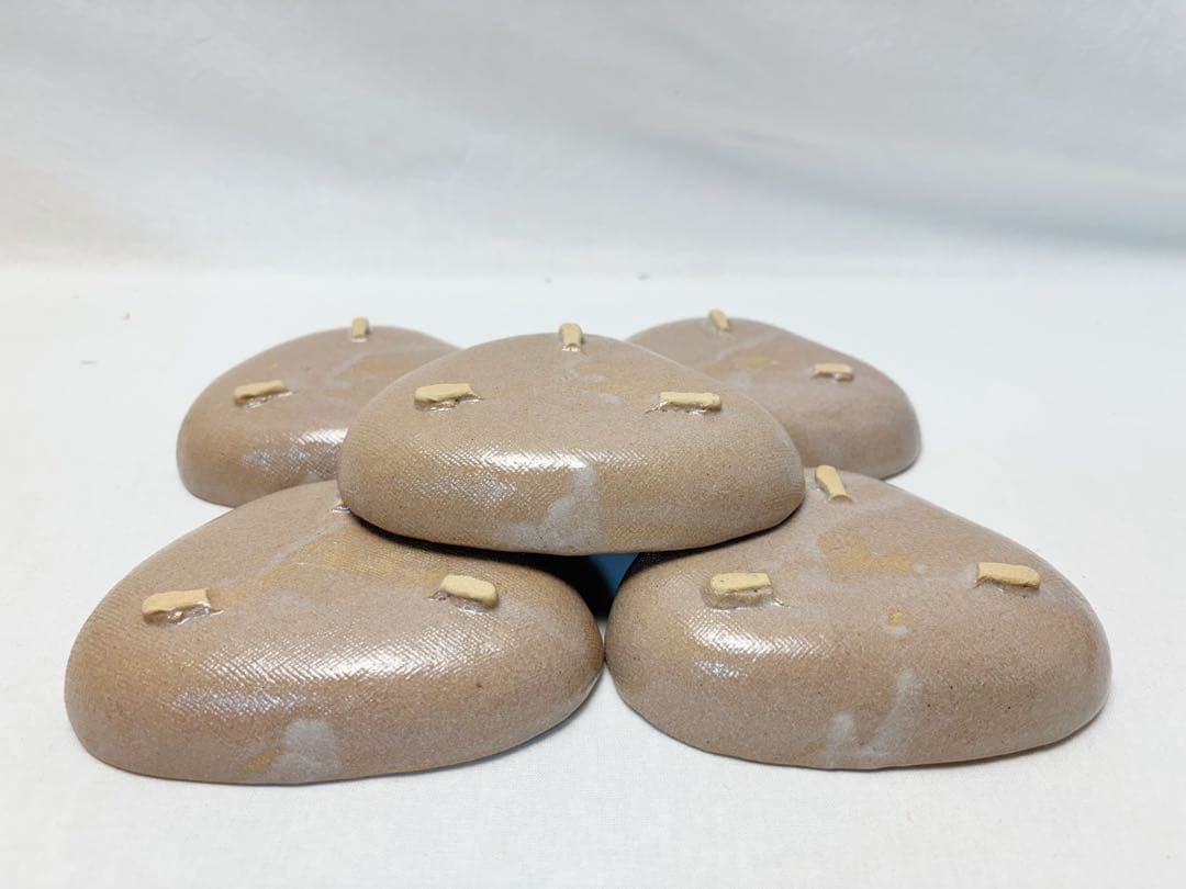 未使用 茶道具 赤織部 貝型小皿 銘々皿 陶印 5枚組 取り皿 在銘 共箱